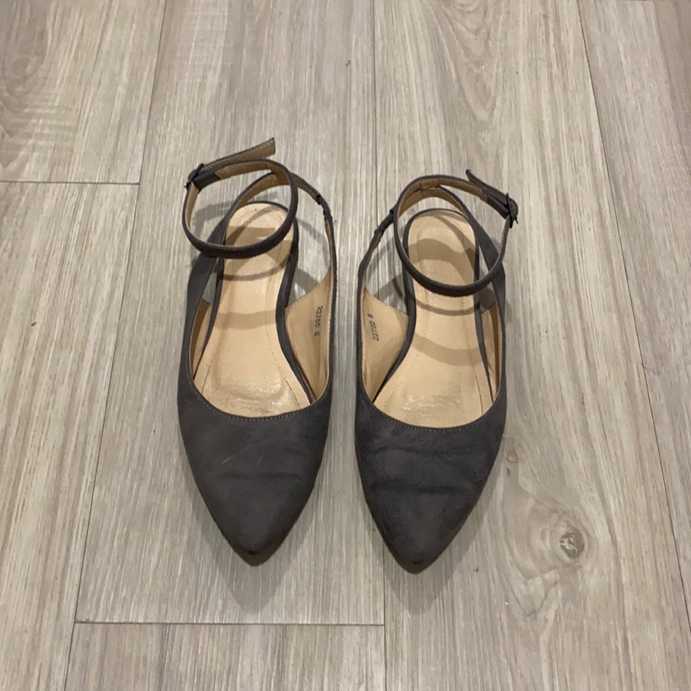 Suede gray ankle strap flats